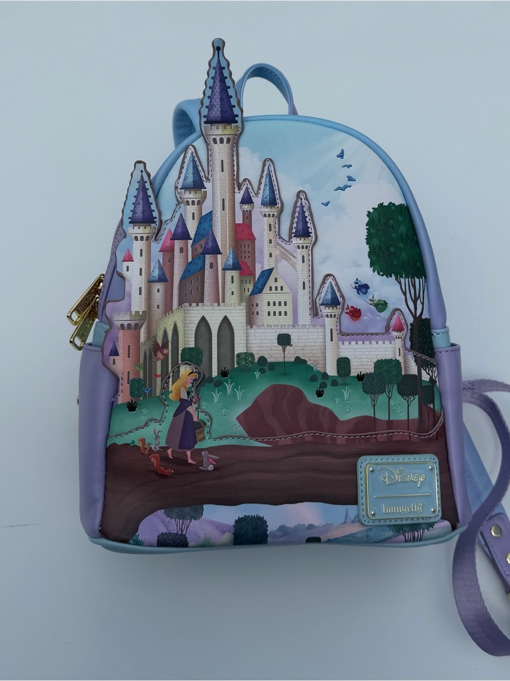 Loungefly Lavender and Sky Blue Rapunzel Castle Mini Backpack